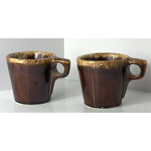2 Vintage Hull Pottery Oven Proof Brown Drip Coffee Cocoa Tea Cups Mugs